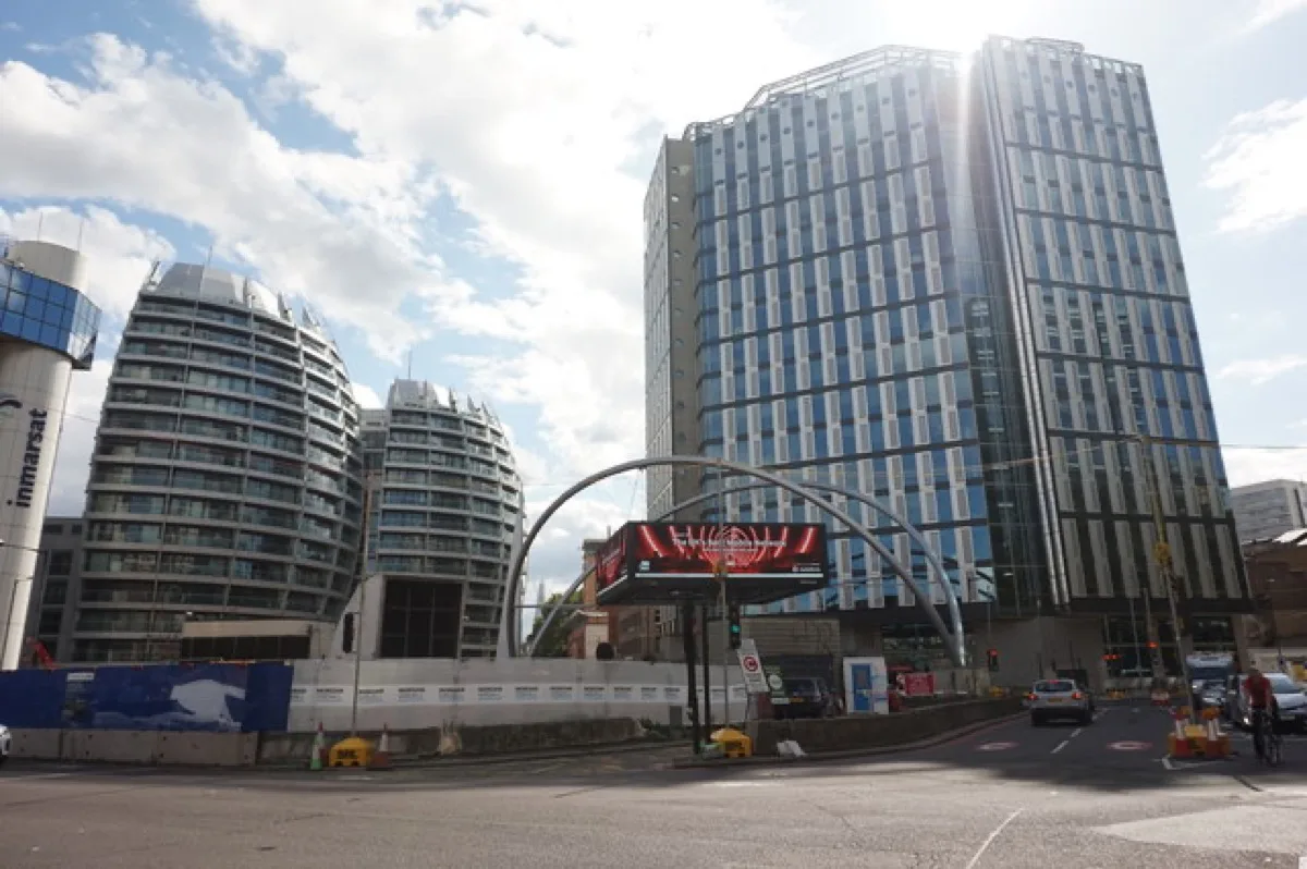 Old Street roundabout, where the borough's tallest permitted building, a 35-storey tower at 99 City Road, will replace the nine-storey Inmarsat House
